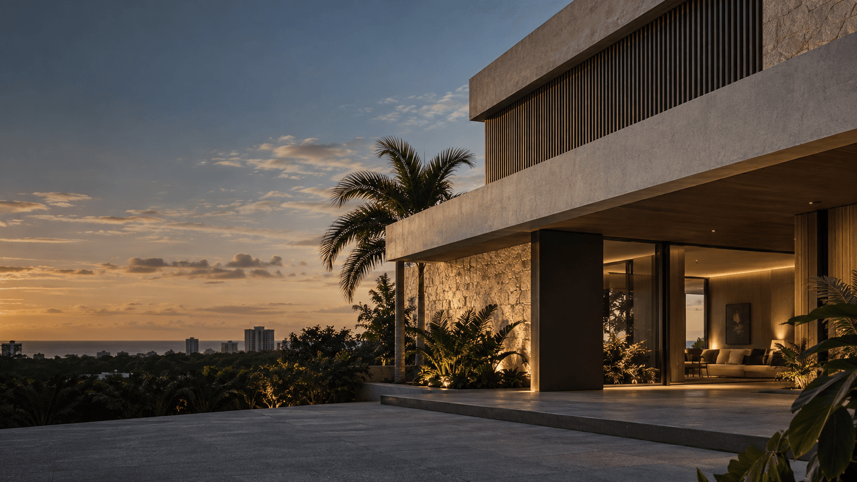Arquitetura contemporânea com concreto, pedra natural e paisagismo tropical ao entardecer